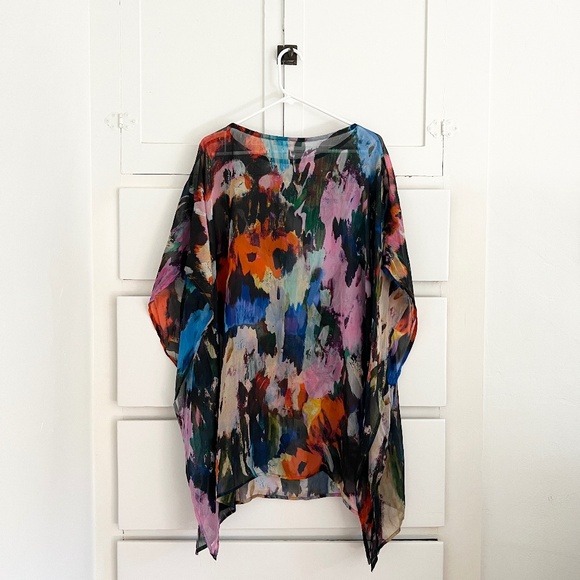 Bryn Walker Paletta Print Sheer Silk Boat Neck Poncho Top Size XL - Picture 5 of 6